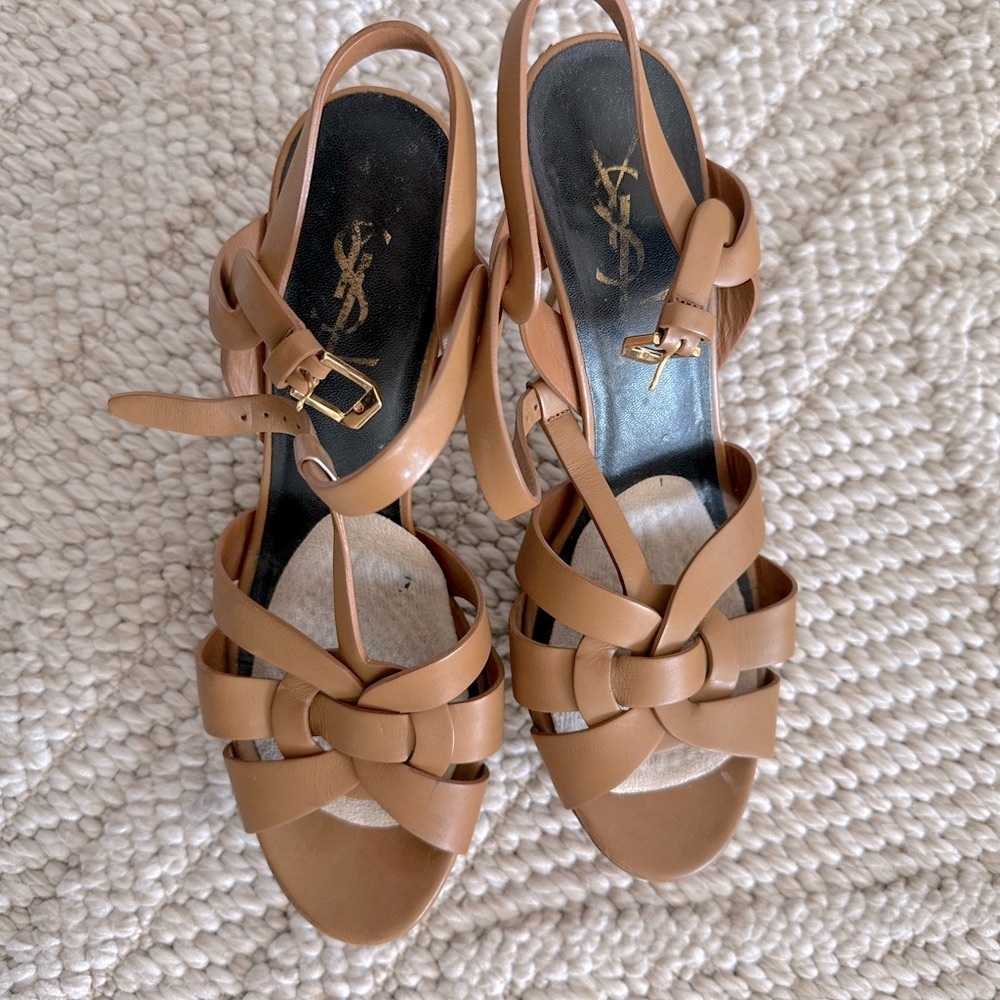 YSL Saint Laurent Tribute Tan Neutral Platform Sandal Size EU 39 US 9 - Picture 3 of 9